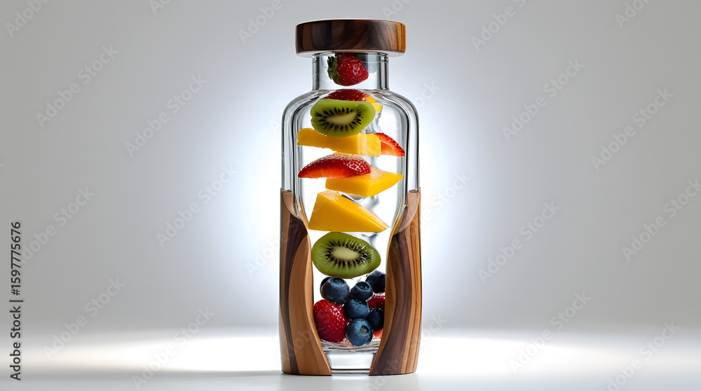 Obraz premium levitating wooden bottle floating mid-air, filled with assorted floating fruits arranged organically inside, shot in front of a seamless white background, ambient light