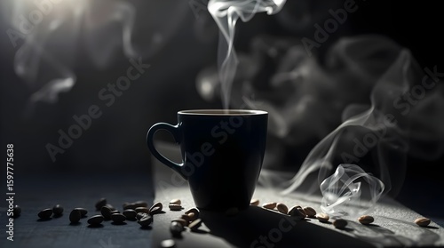 Black and white cup of hot coffee with smoke, Coffee beans in a mystical, surreal, smoky, beautiful and calm background