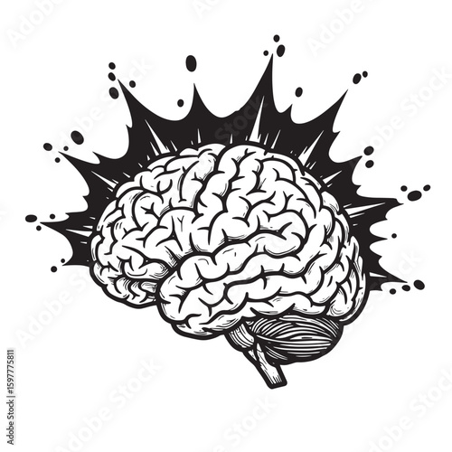 Exploding brain illustration depicting idea concept in black and white vector art
