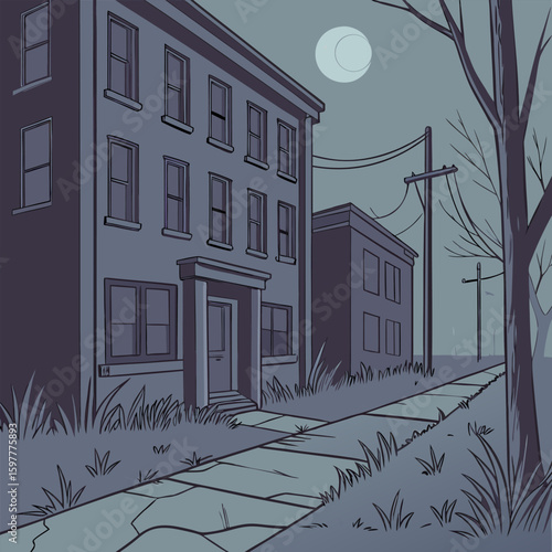 A dark eerie street scene at night features a tall imposing apartment building with many windows and a sidewalk leading towards it under a pale crescent moon