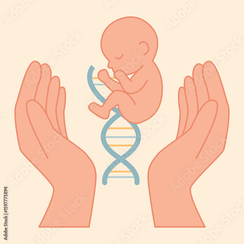 Color vector of a fetus above a DNA strand, surrounded by caring hands. Represents IVF, genetics, and support in fertility treatments