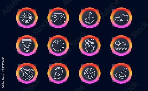 Recreational game set icon. Displays controller, shoe, dart, medal, bowling, golf, swimming, pingpong, basketball, hockey, target, and leisure competition objects.