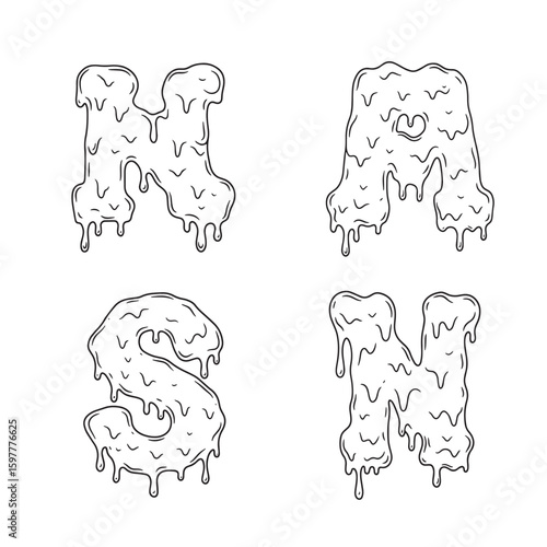 Hand drawn dripping melted letters illustration in black and white