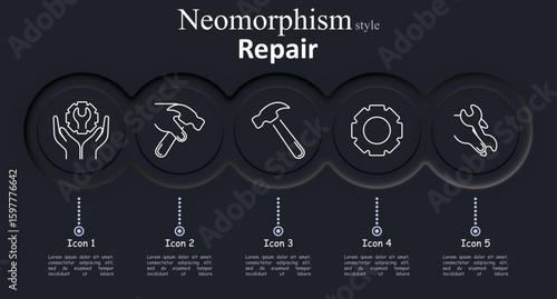 Repair set icon. Hands holding gear, hand with hammer, single hammer, mechanical gear, crossed tools represent maintenance, construction, fixing, adjustment and engineering tasks