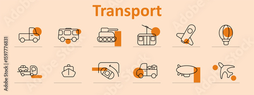 Transport set icon. Displays pickup, camper, tank, tram, airplane, balloon, trailer, boat, cargo truck, blimp, delivery van, created with geometric line forms and bold accents