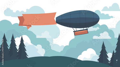Vector illustration of a blimp flying in the sky with a trailing banner, customizable space for personal or promotional text, clear blue background with soft clouds, ideal for advertising