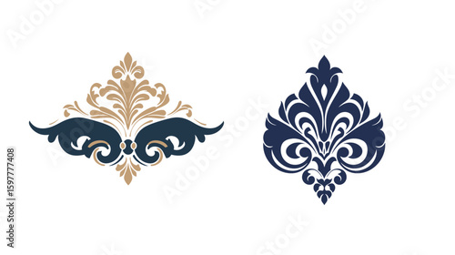 Elegant damask vector pattern design on a clean white background, featuring classic ornamental symmetry, floral elements, and vintage scroll motifs, ideal for luxury invitations, wallpaper