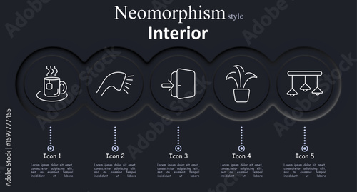 Interior set icon. Teacup with steam, towel, cabinet, potted plant, ceiling lamp represent household comfort, lighting, refreshments, furnishing, and decor elements indoors