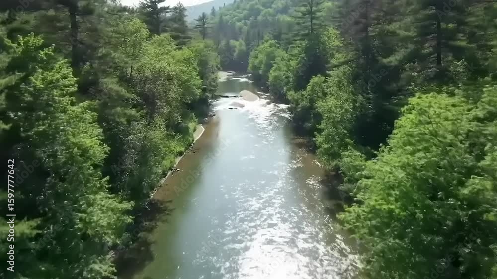 Serene river flowing through lush green forest, with mountains in the background under clear sky Serene river flowing through lush green forest, with mountains in the background under clear sky