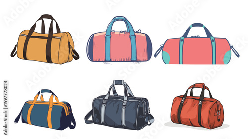 Hand-drawn vector graphic of a fitness duffle bag, featuring detailed sketch style with handles and zipper, perfect for gym, sports, travel, workout gear, and active lifestyle design concepts