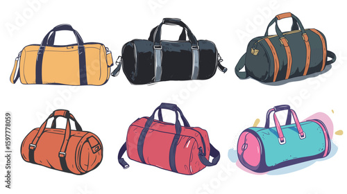 Hand-drawn vector graphic of a fitness duffle bag, featuring detailed sketch style with handles and zipper, perfect for gym, sports, travel, workout gear, and active lifestyle design concepts