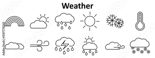 Weather set icon. Includes rainbow, sun with cloud, rain, full sun, snowflakes, thermometer, wind, thunderstorm, drizzle, cloudy snow.