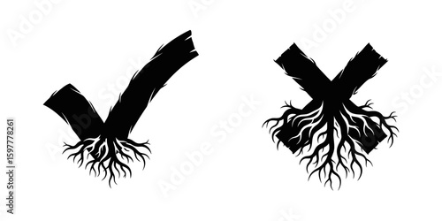 Organic check and cross mark symbol made of tree root for nature theme design element validation choice vector graphic icon set creativity