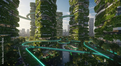 Futuristic urban landscape featuring green architecture and vibrant pathways amidst high rise buildings in a city setting