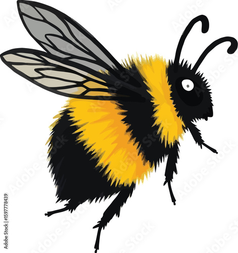 Vector art of a fuzzy bee in flight, isolated on a white background