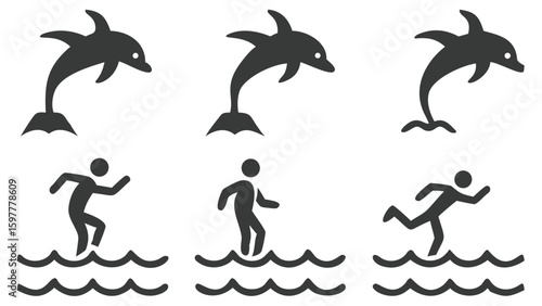 Illustrative Depiction of Dolphins Leaping from Water and People Wading Through Waves in a Simple Graphic Style