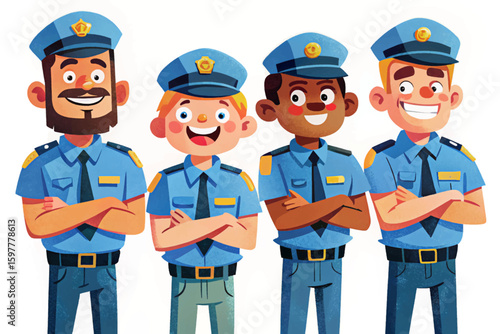set of police officers standing confidently with arms crossed and smiling cartoon vector. Law enforcement characters, security service, uniformed personnel, isolated on white background