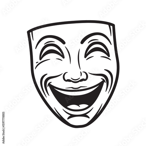 Smiling comedy mask illustration in black and white depicting joy and theatre arts representation
