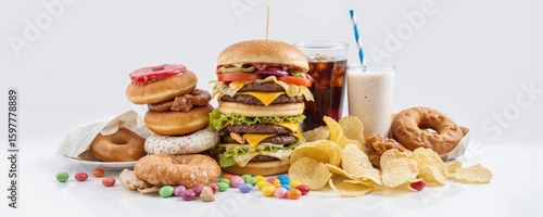 Assortment of unhealthy foods including tall burger, donuts, french fries, sugary drinks. Collection highlights high carbohydrate, sugar, fat content, representing foods detrimental to body health,