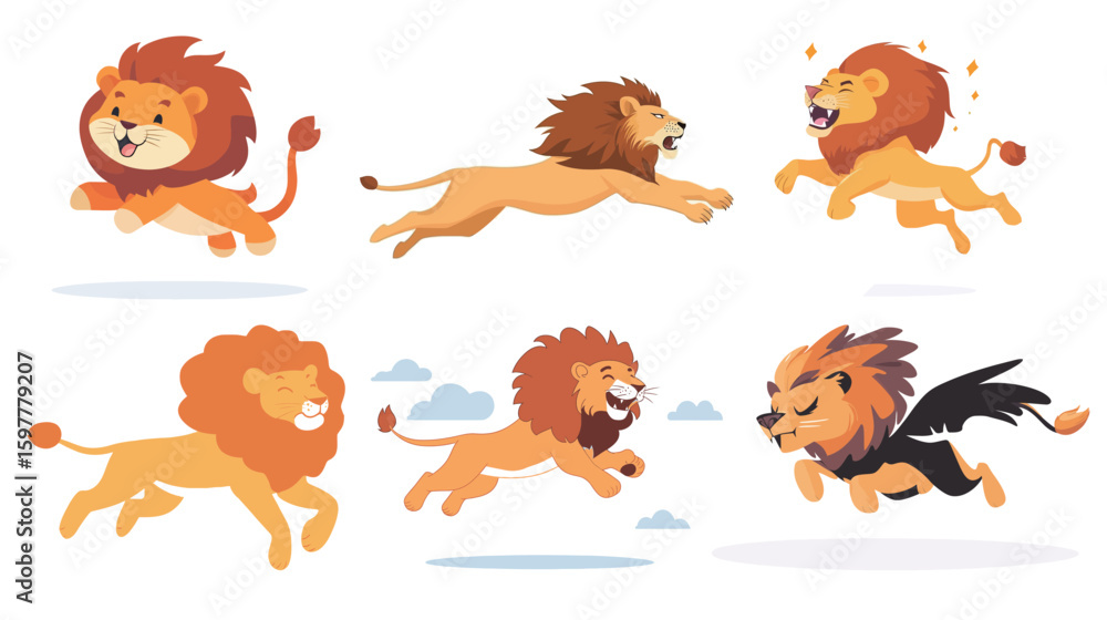 Obraz premium Dynamic vector graphic design of a flying angry lion in mid-jump, showcasing fierce expression, powerful muscles, and motion, ideal for wildlife, strength, courage, mascot, and sports logo concepts