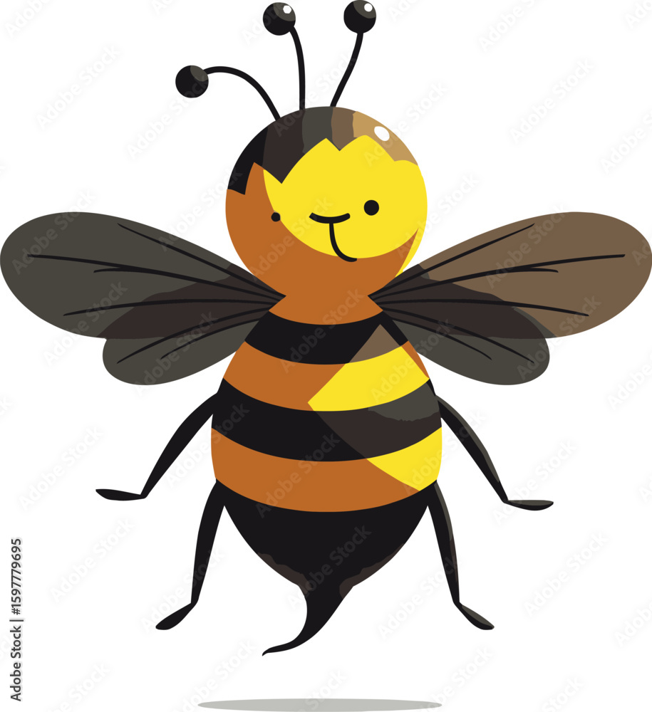Fototapeta premium Vector art of a cute cartoon bee with yellow and black stripes, isolated on white background