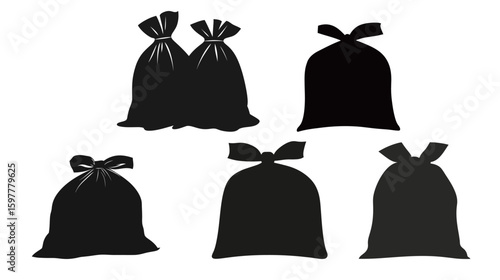 Solid black silhouette of a grain bag filled with produce on a white background, symbolizing agriculture, harvest, storage, farming, and rural economy concepts in a simple and bold vector style