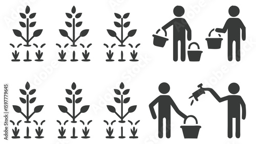 Pictorial Representation of Farming and Cultivation Methods Visualizing Irrigation and Care for Growing Plants Depicted with Simple Illustrations