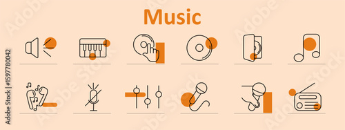Music set icon. Includes speaker, volume, note, disc, mic, radio, headphones, adjuster, equalizer, cloud, voice, and listening-related elements with orange circle decorations