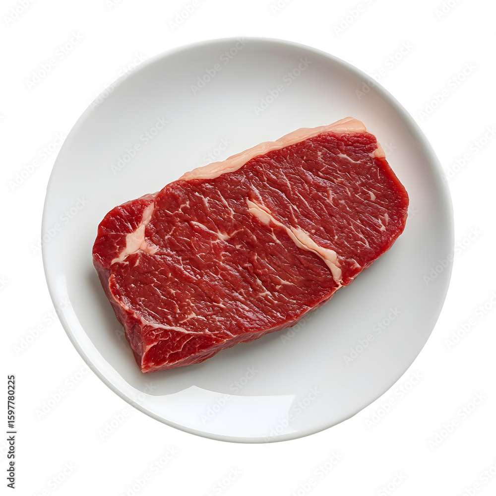Obraz premium Raw steak on white plate, top view isolated on a white background