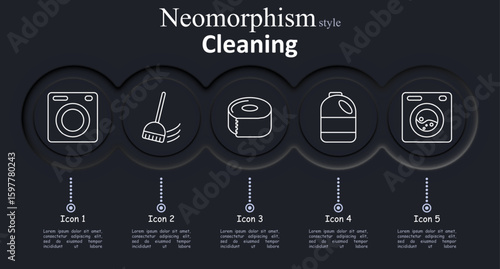 Cleaning set icon. Washing machine, brush, toilet paper, bleach bottle, detergent machine in neomorphism style with soft rounded buttons