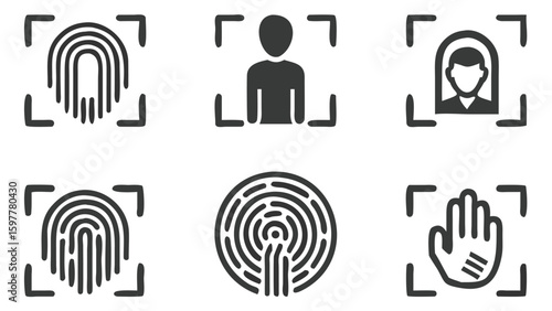Biometric Identification and Security Icons Set Fingerprint and Facial Recognition for Access Control and Verification