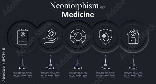 Medicine set icon. Medical document, hand with cross, virus shape, shield with drop, house with cross created with white lines in a clean circular soft-shadowed layout