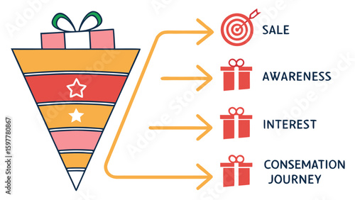Marketing sales funnel diagram illustrating customer journey stages from awareness and interest to sale with icons representing each step in a colorful and engaging visual style