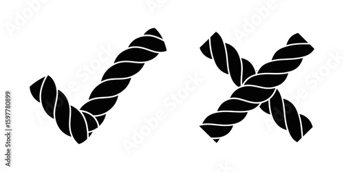 Black check and cross mark made from twisted rope for nautical theme design element choice validation symbol vector graphic icon illustration