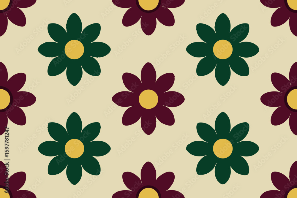 Obraz premium Burgundy Green Flowers Yellow Centers Pattern floral seamless