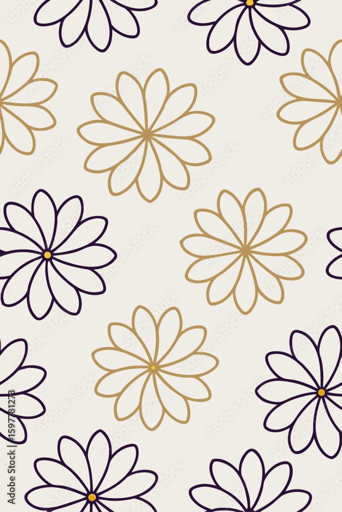 Fototapeta premium Daisy pattern with gold and navy outlines on cream background floral seamless