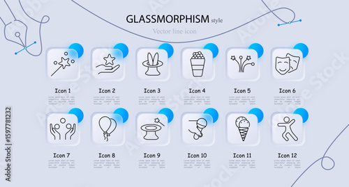 Entertainment and fun set icon. Wand, rabbit hat, ice cream, microphone, comedy masks, juggling, performance, and star burst in outlined vector style.