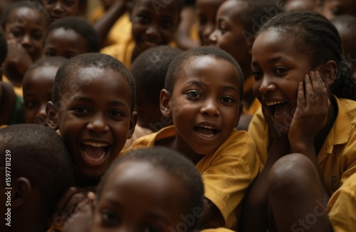 Diverse group of African children in bright yellow school uniforms sit closely together, faces full of joy, anticipation as listen intently to teacher. Expressions radiate happiness, engagement,
