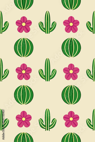 Green cacti and pink flowers pattern cactus succulent