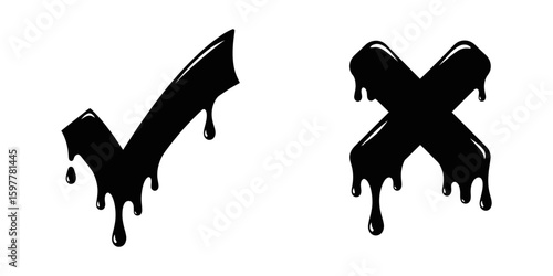 Black check and cross symbol with dripping liquid effect for creative graffiti style design element validation rejection choice vector icon set