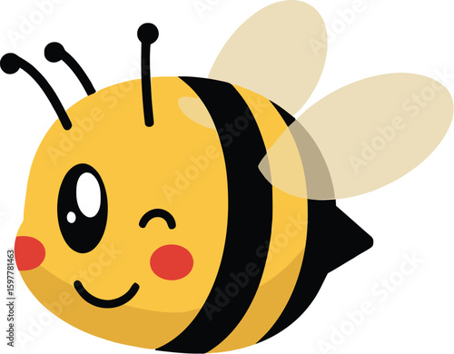 Vector art of an adorable cartoon bee winking with a cheerful expression, featuring yellow and black stripes and soft wings, isolated on white background