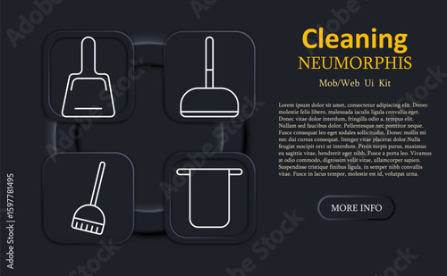 Cleaning set icon. Dustpan, toilet plunger, broom, towel on bar in neumorphic outline style for home maintenance, hygiene, utility, or housekeeping UI sections