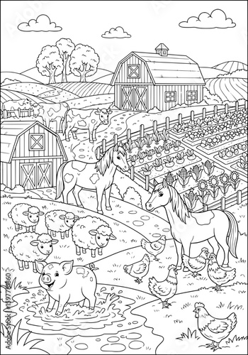 horses, sheep, piglets and chickens on the farm. coloring book