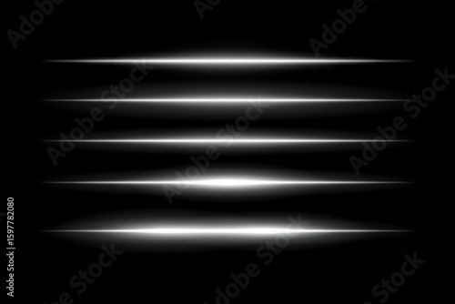 Glowing horizontal beams arranged in vertical stack with symmetrical light spread. Sharp edges fade smoothly into dark background, creating futuristic motion effect.