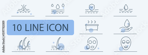 Skincare set icon. Hair follicle, drop, steam, shield, mask, hand, waterline, pore layer outlined with minimal strokes for hydration, protection, or treatment theme.