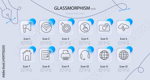 Technology set icon. Loudspeaker, Wi-Fi, target, tap finger, camera, cloud upload, home, notepad, printer, headset, globe network, web grid