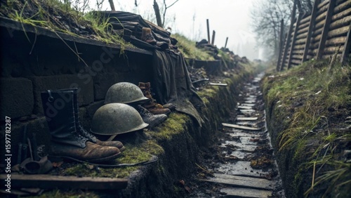 Abandoned World War One Trench with Soldier Gear and Muddy Pathway