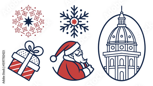 A collection of festive christmas icons including a snowflake a decorative starburst a gift box santa claus and a building dome all rendered in a clean modern style with red and blue accents