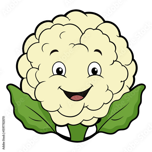 Happy cartoon cauliflower character with green leaves