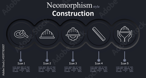 Construction set icon. Hammer with gear, safety helmet, helmet with cog, ruler, hands holding helmet in soft neomorphism style with dark shadowed buttons